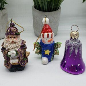 Glass Purple Bell Ceramic Blue Snowman Resin Purple Santa Mix Trio Ornament Set